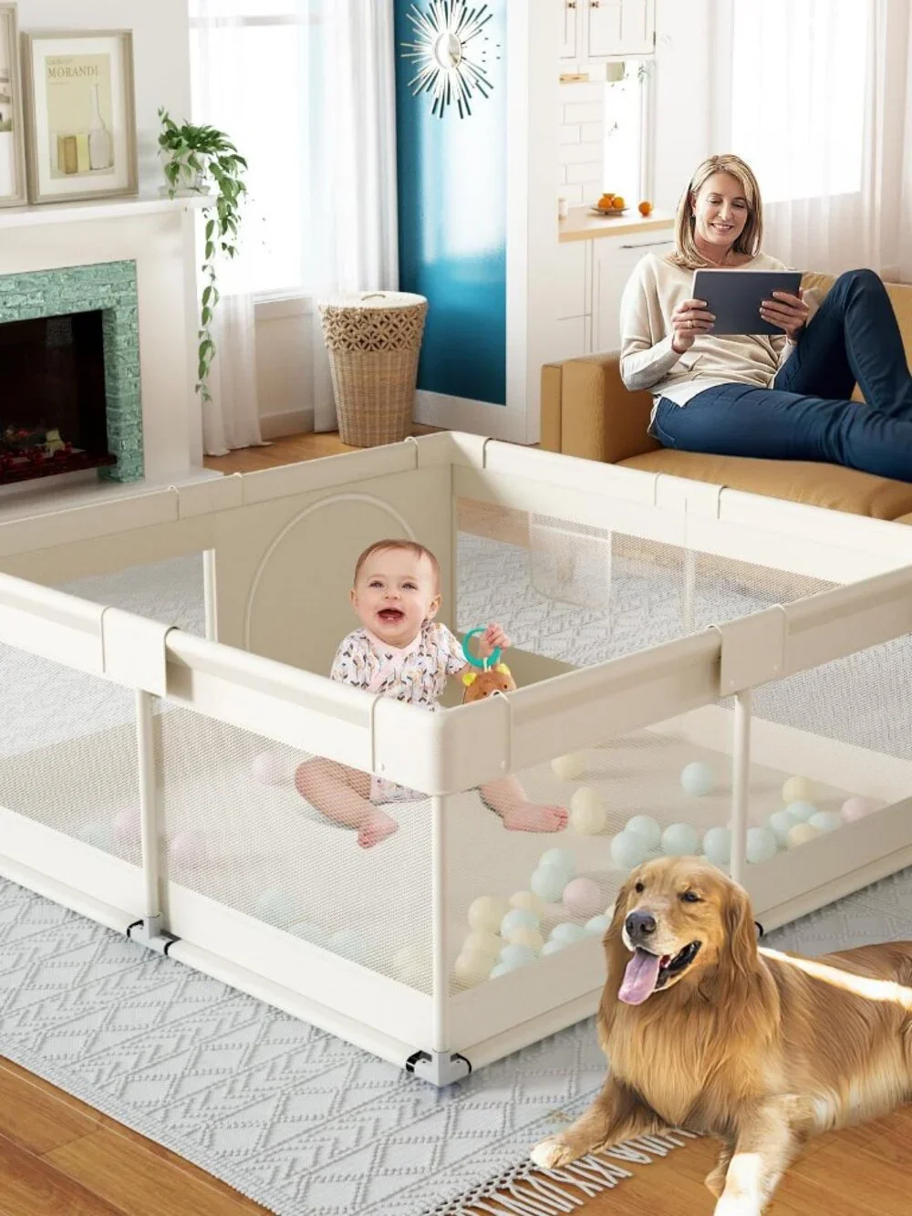 Beige Baby Playpen 47in x 47in x 26in Soft Mesh Safety Fence